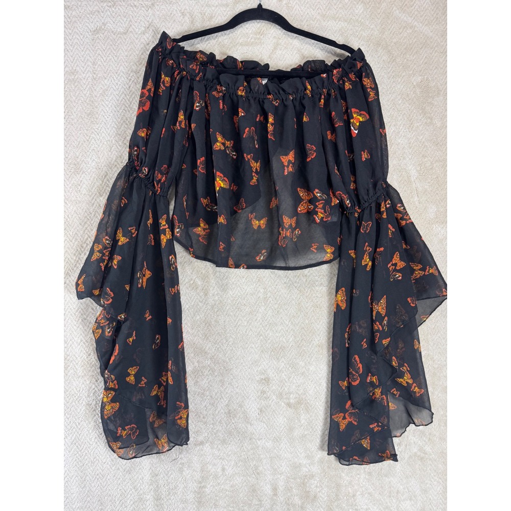 Live 4 Truth Butterfly Print Off Shoulder Bell Sleeve Crop Top Black Orange M
